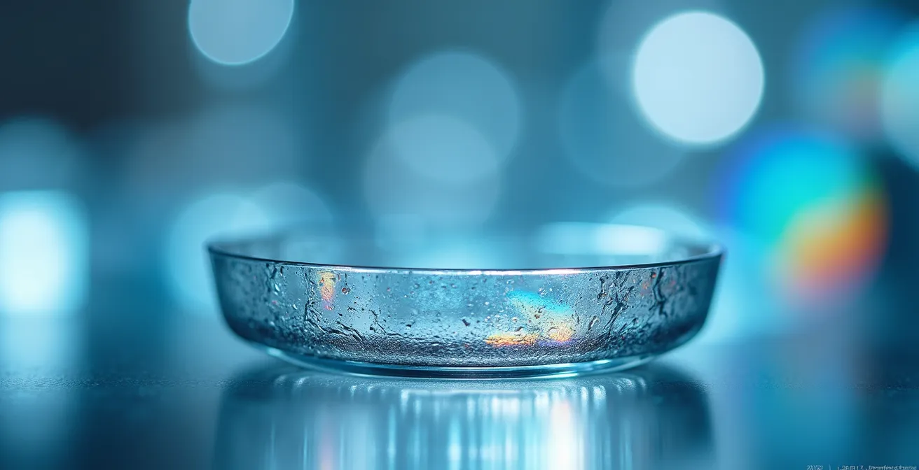 Gros plan extrême sur la surface d'une lentille torique montrant les variations de courbure pour corriger l'astigmatisme