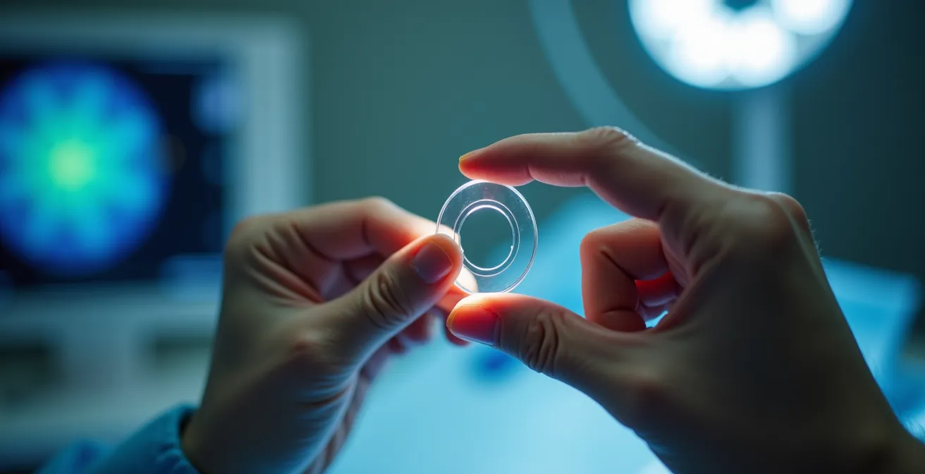 Main d'opticien tenant une lentille Biofinity XR pour correction extrême devant un topographe cornéen