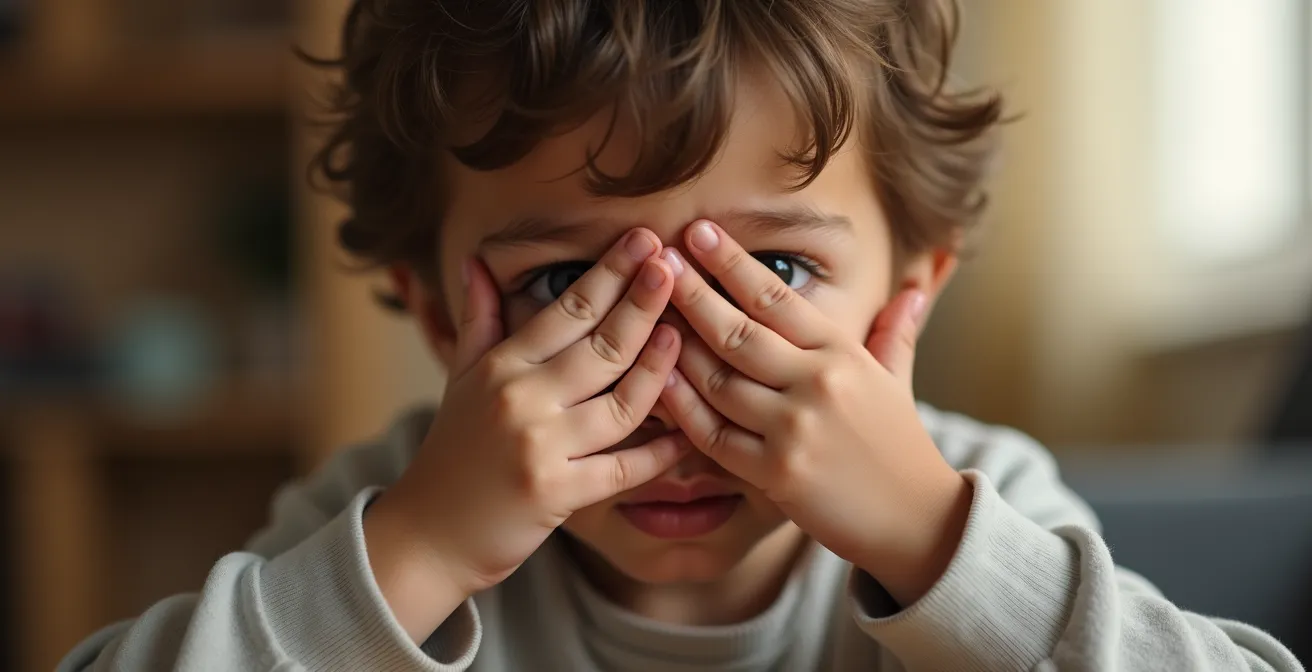 Gros plan sur les mains d'un enfant cachant ses yeux, exprimant le refus