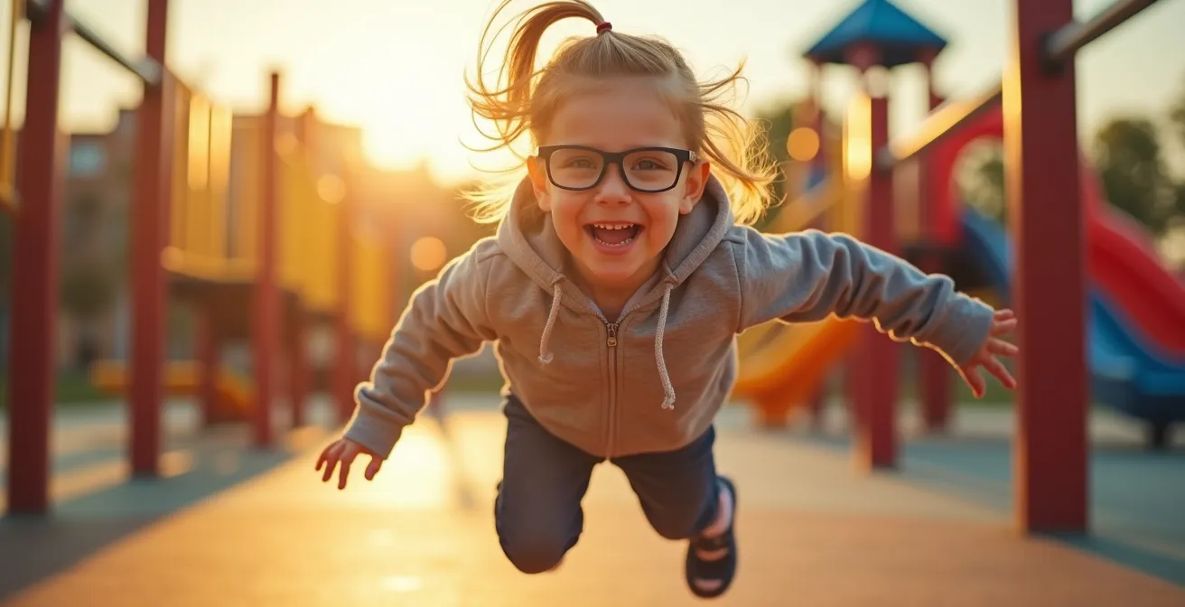 Enfant en mouvement avec lunettes sportives parfaitement ajustées