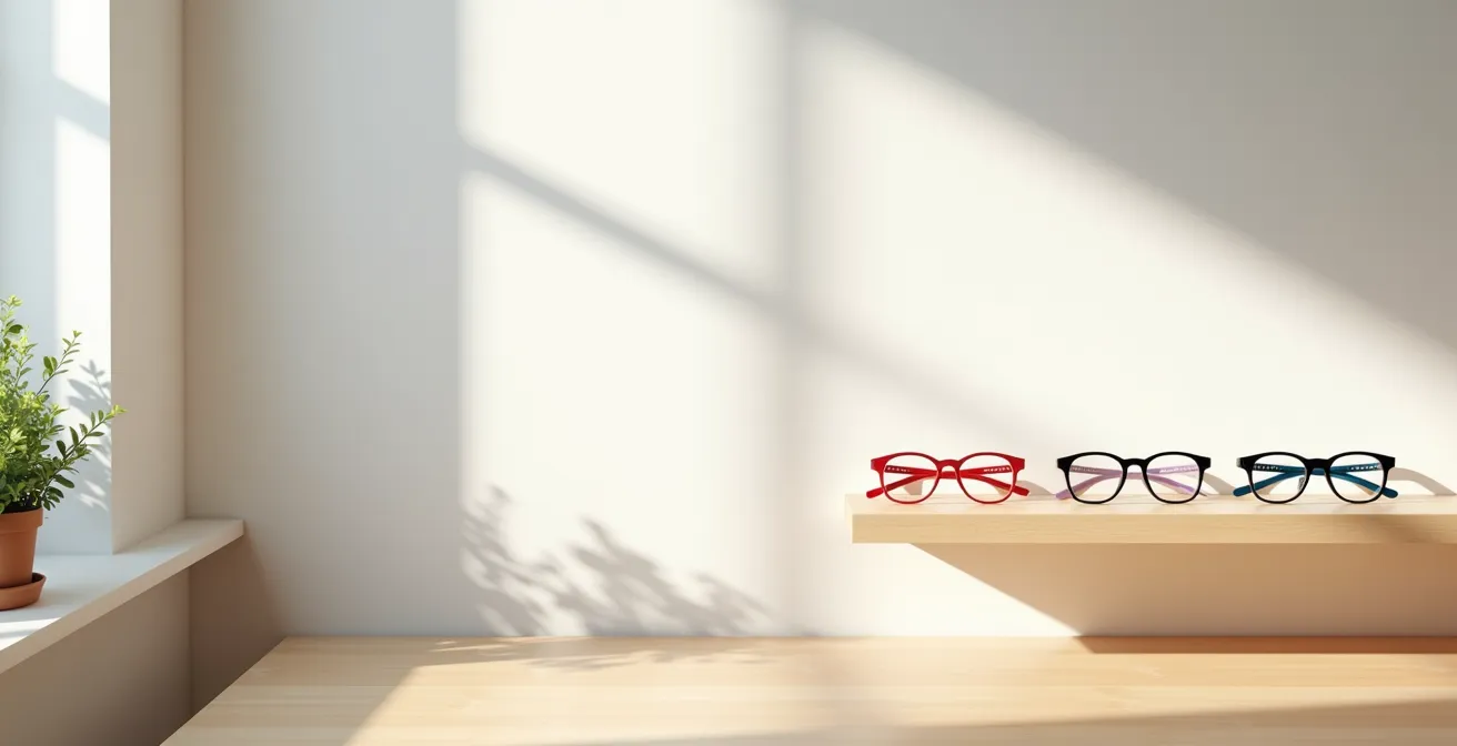 Environnement minimaliste montrant un espace de rangement créatif pour lunettes d'enfant