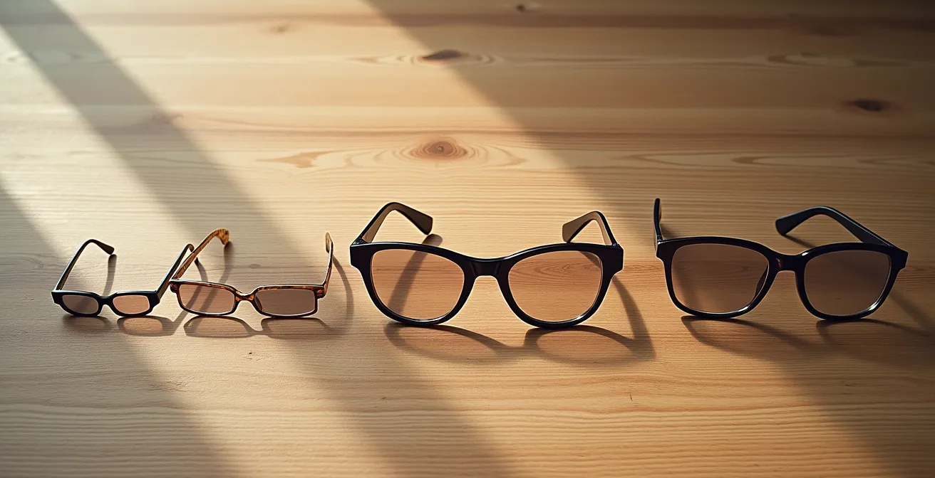 Progression temporelle de lunettes d'enfant sur une surface en bois naturel