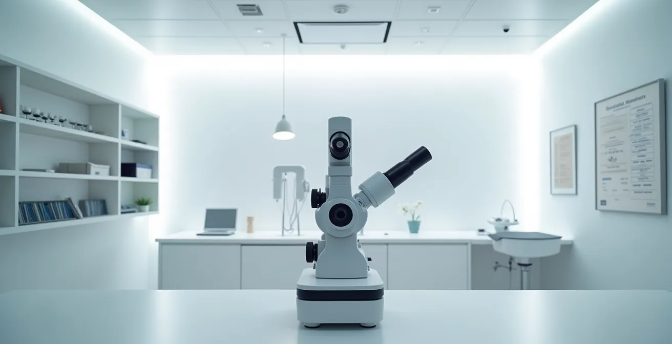 Vue environnementale d'une salle d'examen moderne avec lampe à fente et équipements d'adaptation de lentilles