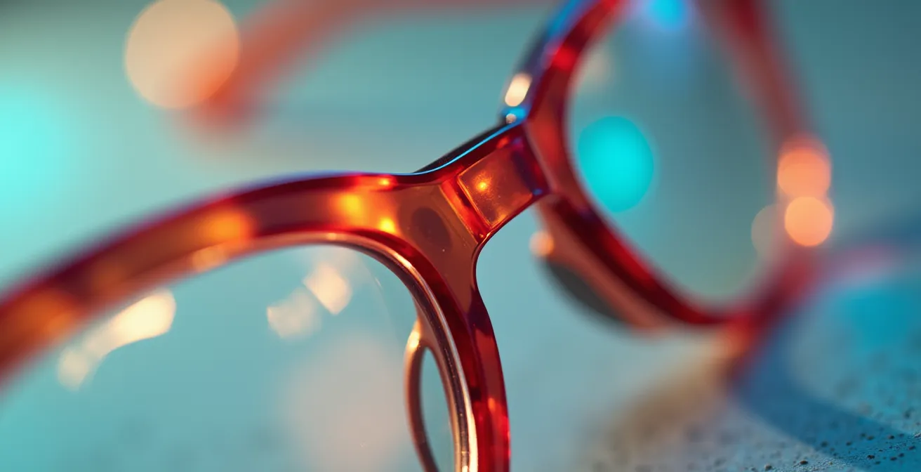 Détail macro d'une monture de lunettes colorée avec textures et reflets