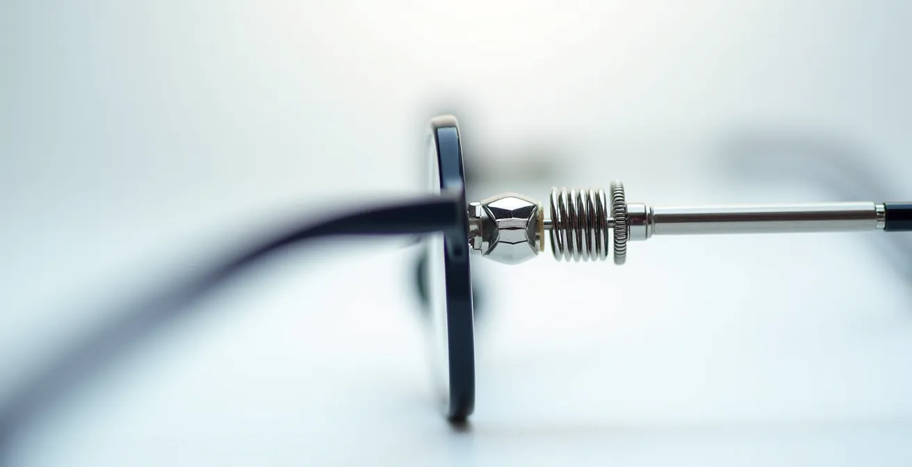 Vue macro d'une charnière flexible de lunettes enfant en pleine torsion