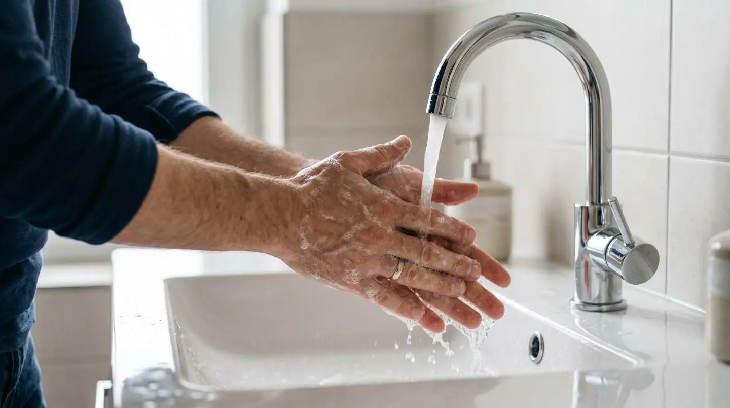 Mains frottées sous eau courante avec mousse de savon au-dessus d'un lavabo moderne, lumière naturelle douce