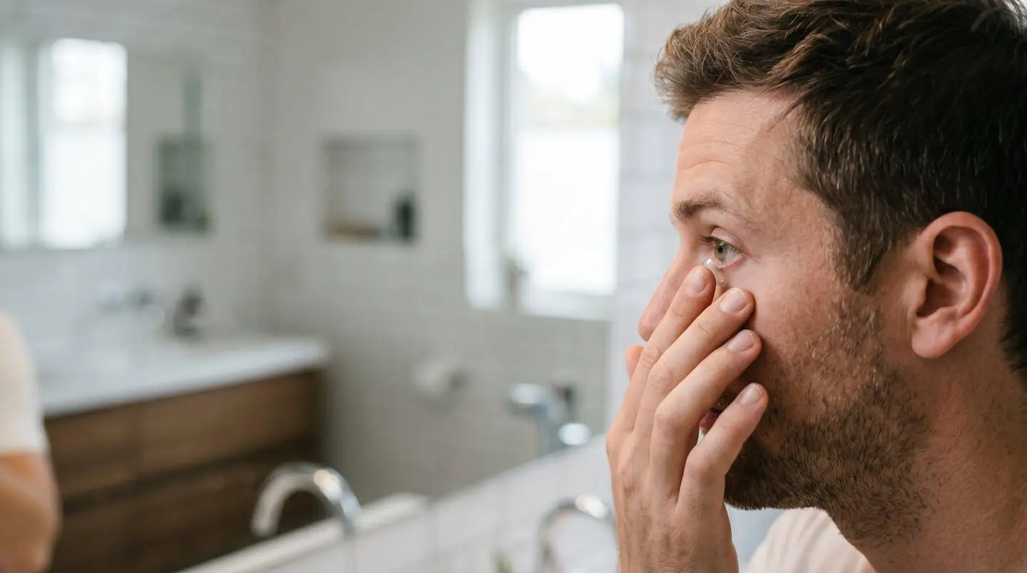 Personne devant miroir pinçant délicatement le bord inférieur d'une lentille de contact transparente entre pouce et index, regard dirigé sur le côté