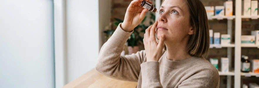 Une femme instille des gouttes de confort dans son œil au comptoir d'une pharmacie, un étui de lentilles posé à côté d'elle.
