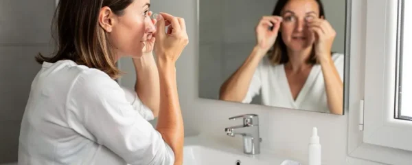 Une femme pose une lentille de contact sur son œil devant le miroir de sa salle de bain, avec un étui et un flacon de gouttes posés à côté.