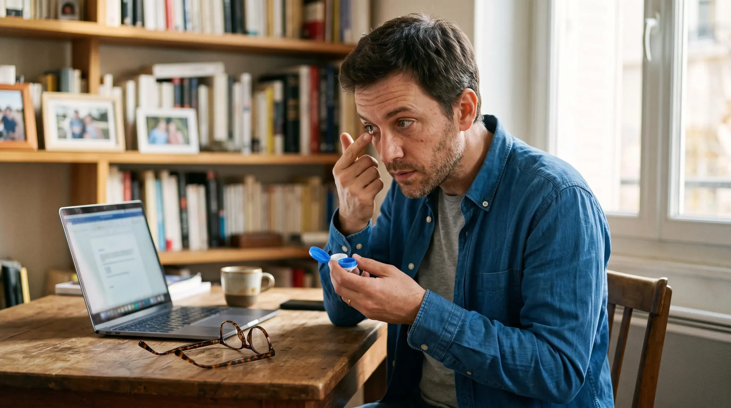 Un homme retire sa lentille de contact à domicile, ses lunettes posées à côté du clavier.