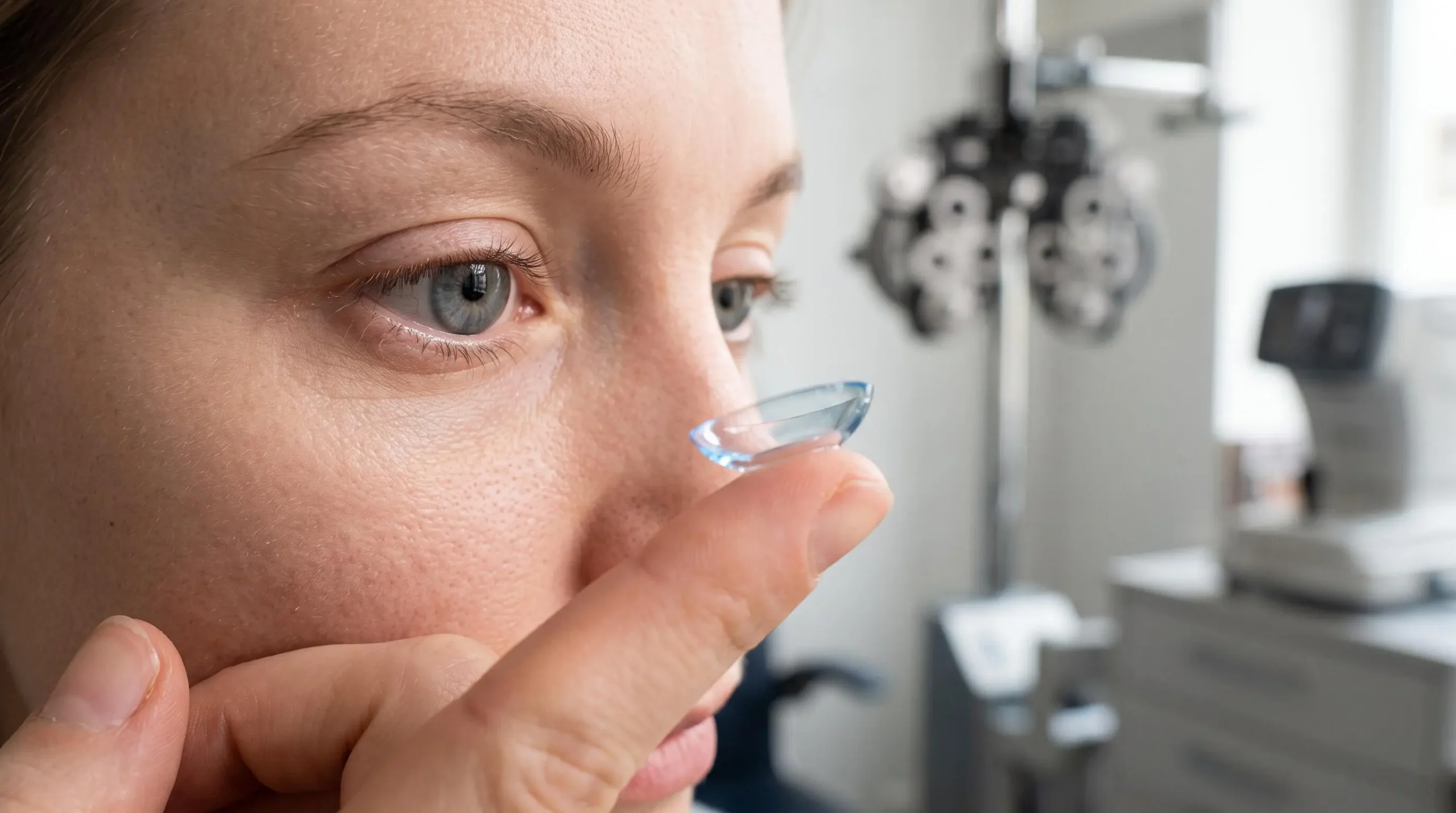 Une lentille de contact en silicone-hydrogel posée sur le bout de l'index dans une salle d'examen d'opticien.