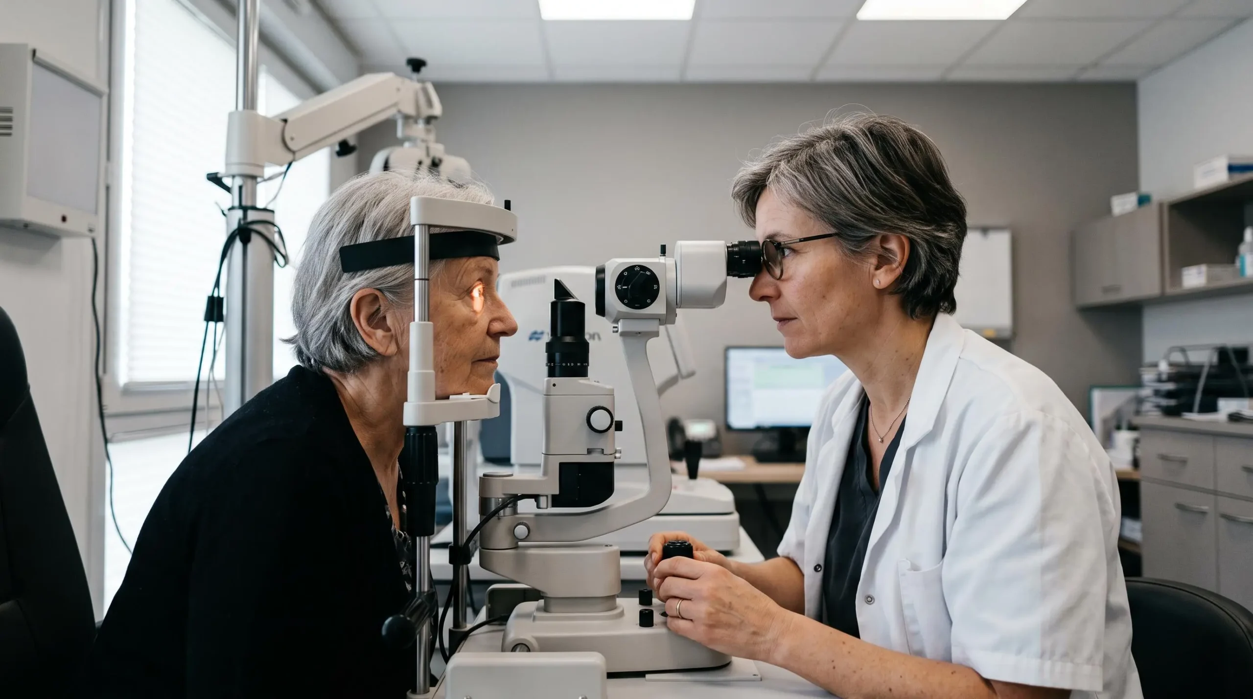 Une ophtalmologue examine l'œil d'une patiente à la lampe à fente dans son cabinet médical.